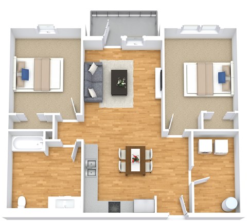 Floor plan for 2 beds, 1 bath, 839 sqft